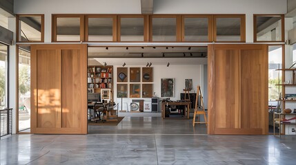 contemporary art studio with large wooden sliding doors that open to reveal a flexible, adaptable space for artists to work and display their creations