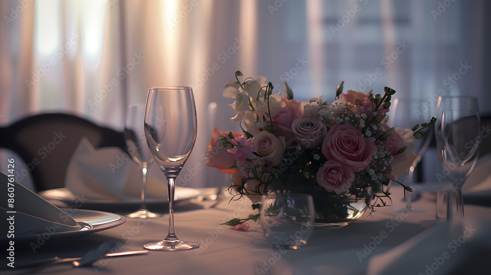 Poster fine banquet table setting with bouquet : generative ai