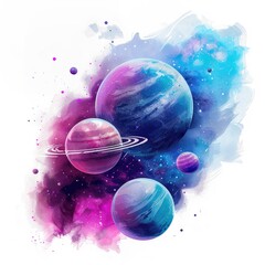 banner of planets on white background, blue and purple 