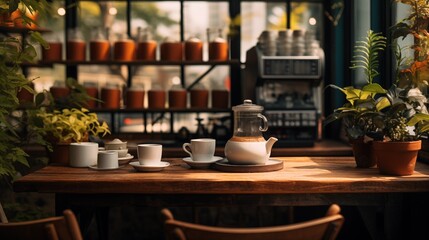 Fototapeta premium This stunning coffee shop photograph featuring a cozy shelf and table setup, perfect for a cafe or restaurant decor. The bokeh effect in the background adds a touch of magic to the scene