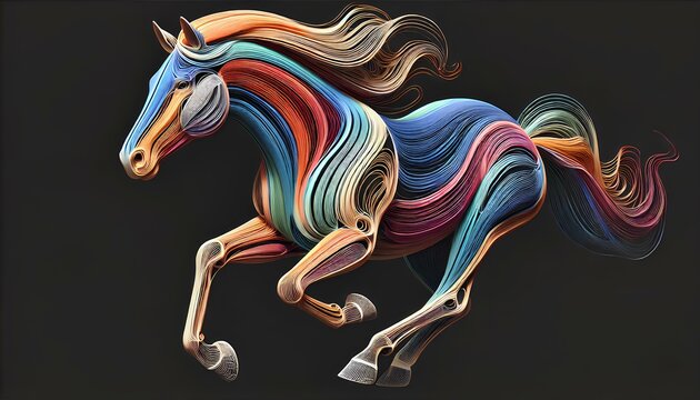 A wide, high-resolution 3D image of a horse running, created using Bézier functions, with smooth, colorful lines and surfaces, showcasing dynamic and elegant motion.
