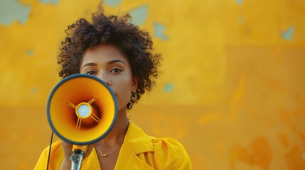 Female empowerment concept with woman holding megaphone on vibrant yellow background