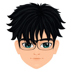 Young anime male head with straight black hair and glasses