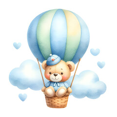Isolated watercolor illustration of cute teddy bear in a hot air balloon with cloud. Cute teddy bear character. Nursery concept. Greeting card. 