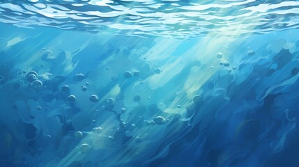 Obraz premium A captivating scene showing sunlight piercing through the sea surface and bubbles floating underwater, creating a mesmerizing and tranquil aquatic environment.