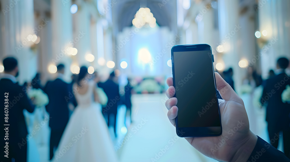 Poster male hand is holding a modern touch screen phone and blur image of wedding party in large hall for b