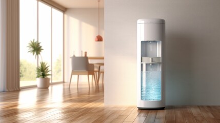 Featuring a brightly lit dining area with a modern white water dispenser in the foreground, this image exudes a sense of cleanliness and contemporary lifestyle comfort and elegance.