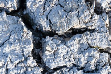 Detailed close-up of cracked dry earth, illustrating the effects of drought and harsh environmental conditions.
