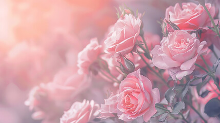 Vintage toned pink rose flowers frame blooming pastel festive background soft pink bouquet floral card selective focus : Generative AI