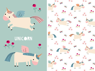 Set of cute posters. Two cute unicorns with wings and flowers. Pattern with unicorns in a flower meadow on a white background. © Anastasia