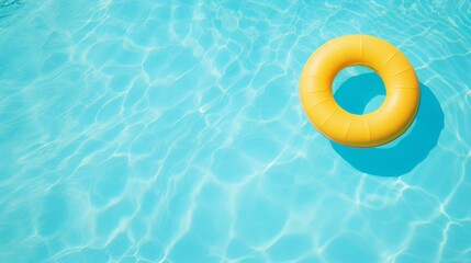 A bright yellow inflatable ring floating on the surface of clear blue water, symbolizing carefree summer days, fun activities, and relaxation by the pool under the sunny sky.