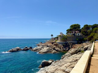view from the famous Camí de Ronda hiking trail along the coast of the Mediterranean Sea at...