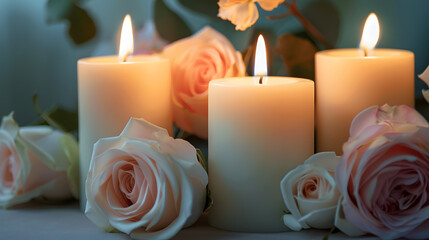 Valmiera Latvia  July 7 2023  Three lit pillar candles with a floral arrangement featuring roses in soft focus : Generative AI