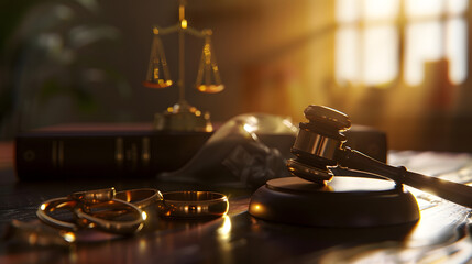 Obraz premium Judge gavel and wedding rings for divorce proceedings Mallet of a judge deciding on the marriage divorce case and custody Selective focus on the rings : Generative AI