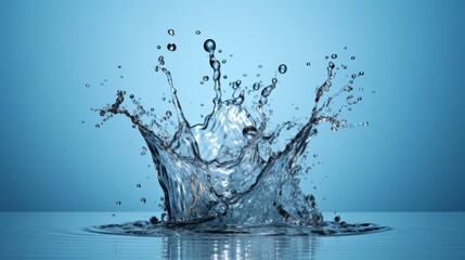 An impressive high-speed photograph capturing a crystal clear water splash at the moment of impact with the surface, highlighting the intricate beauty of fluid dynamics and energy.