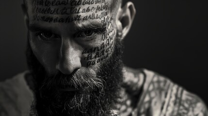 
Handsome bearded man with tattoos of writing in an ancient script on his skin in black and white...