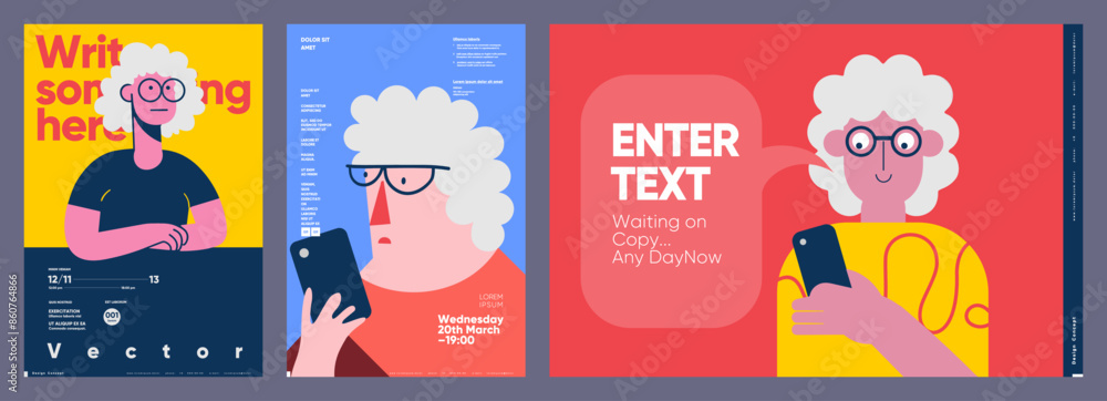Poster a vibrant series of vector posters featuring a character design theme, integrating bold text and int