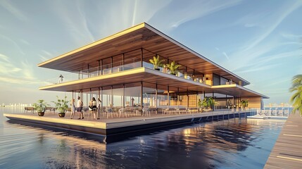 Fototapeta premium floating conference center with wooden cladding and expansive terraces, designed to encourage open-air meetings and natural inspiration