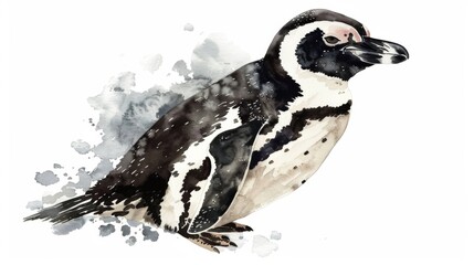 A captivating watercolor painting of a penguin with distinctive spotting on its feathers, standing elegantly. A splash effect in the background enhances its natural beauty.