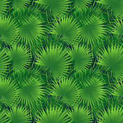 Tropical plants repeat background. Amazon rainforest vector illustration. Summer fresh seamless pattern. Exotic tropic palm leaves template wallpaper. Hawaii green foliage backdrop. Bright colors.