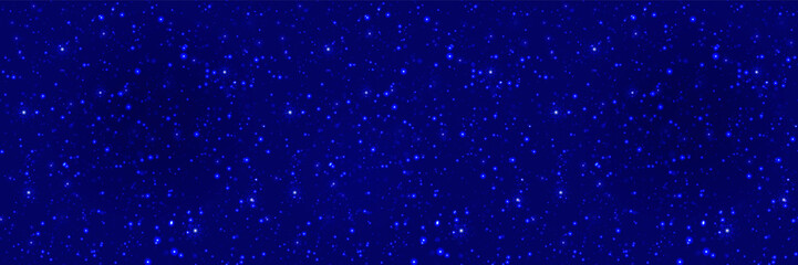 Fototapeta premium Night starry sky vector banner. Galaxy seamless pattern. Winter template background with stars and snowflakes. dark blue repeat wallpaper for holidays and cosmic space designs