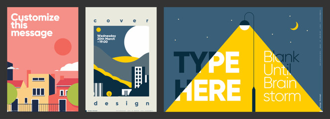 A collection of modern vector posters featuring urban landscapes and abstract designs with customizable text areas, ideal for diverse applications from event covers to creative brainstorming sessions.