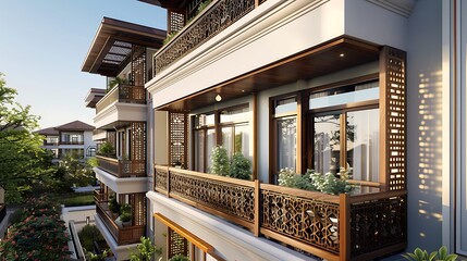 Fototapeta premium high-end condominium with balconies adorned with intricate wooden latticework, offering a modern interpretation of traditional designs