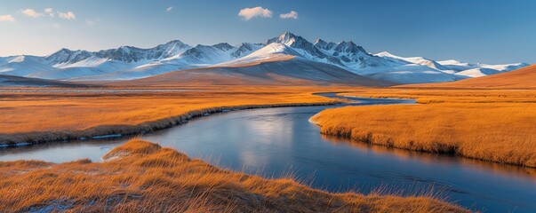 A winding river snakes through golden grasslands with snow-capped mountains in the background under a blue sky, creating a stunning natural landscape.
