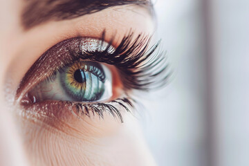 Obraz premium A close-up of a person's eye with clearly defined eyelashes, set against a light background, beautifully illustrates concepts of beauty and vision