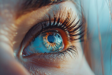 A close-up of a person's eye with clearly defined eyelashes, set against a light background, beautifully illustrates concepts of beauty and vision