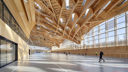 high-performance sports facility with a dynamic wooden roof structure that mimics athletic movement, inspiring visitors and athletes alike