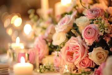 A close-up view reveals a beautifully decorated dinner table adorned with a centerpiece of pink and white flowers