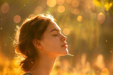 Fototapeta premium A side view portrait captures a beautiful girl basking in the sunlight, embodying the essence of summer