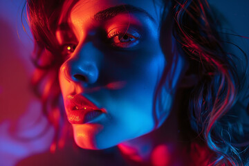 An intense portrait featuring neon lights casting dramatic shadows, creating a striking contrast and evoking a sense of mystery and allure