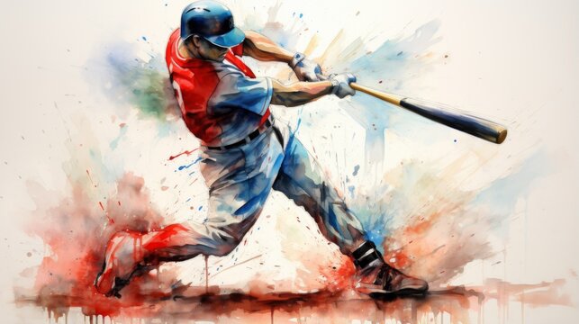 A baseball player is captured in the motion of swinging his bat, creating a dynamic and energetic watercolor artwork that conveys the excitement of the sport.
