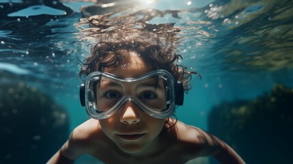 Naklejka premium Underwater view of child swimming with goggles.