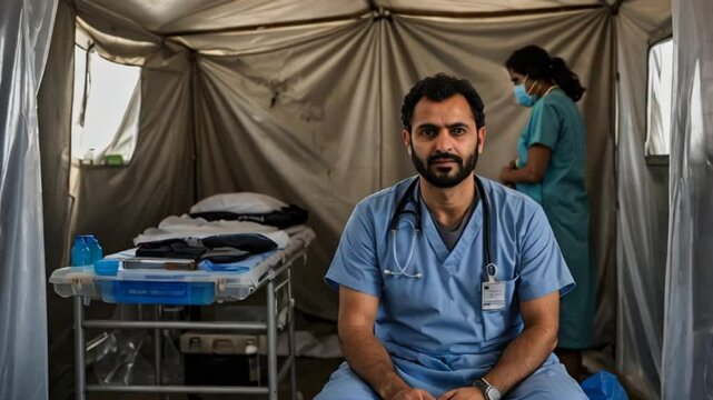 Middle Eastern arabic surgeon prepared for operation in a field hospital at a refugee camp during the war video animation