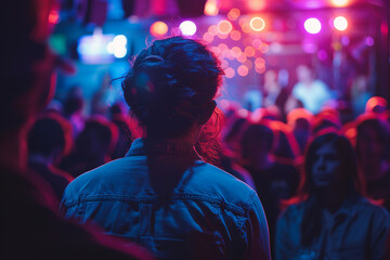 The crowd serves as a mere backdrop, with the defocused stage taking center stage at this vibrant open mic event