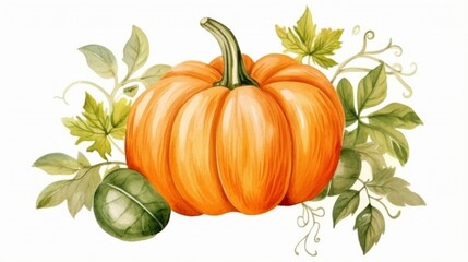 A detailed illustration of a pumpkin with various green leaves, representing the poetic beauty of autumn and capturing the essence of the fall season with artistic finesse and warmth.