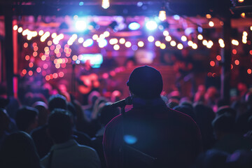 Naklejka premium The crowd serves as a mere backdrop, with the defocused stage taking center stage at this vibrant open mic event