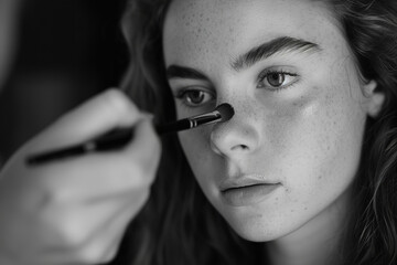 Obraz premium The young woman meticulously applies makeup, focusing on enhancing her features with precision and care