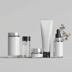 A complete collection of cosmetic product mockups in white, black or neutral and minimalist packaging, conveying elegance and sophistication.