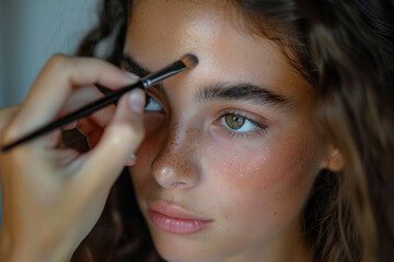 Obraz premium The young woman meticulously applies makeup, focusing on enhancing her features with precision and care