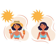 A happy girl with sun protection and healthy skin and a girl with sunburn without protection. Bright, summer 2D illustration.