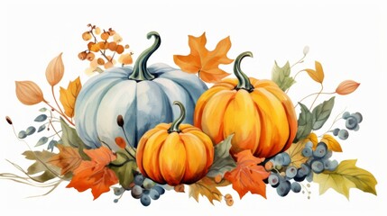 Three pumpkins, two orange and one blue, surrounded by autumn leaves and berries on a white background. This seasonal illustration captures the essence of the fall harvest with natural elements and v