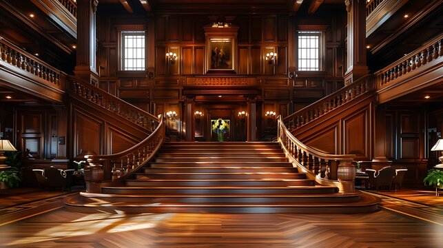 luxury hotel lobby with a grand wooden staircase and matching paneling, offering a warm and inviting first impression to guests