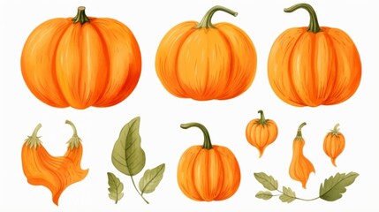 This image shows various orange pumpkins, each with different shapes and sizes, accompanied by pumpkin stems and green leaves scattered around, illustrating diversity in nature.