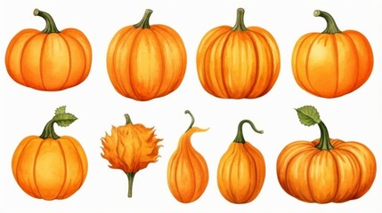 Illustration featuring eight different orange pumpkins with unique shapes and sizes, surrounded by green leaves on a white background. Represents fall and diversity in nature.