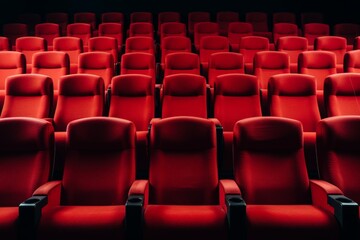 Fototapeta premium Empty red theater seats in a dark auditorium, ready for the audience. Perfect for cinema, entertainment, or venue themes.