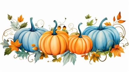This illustration features an ensemble of colorful pumpkins alongside warm autumn leaves, emphasizing the joyful essence of the harvest season through vivid colors and intricate art.